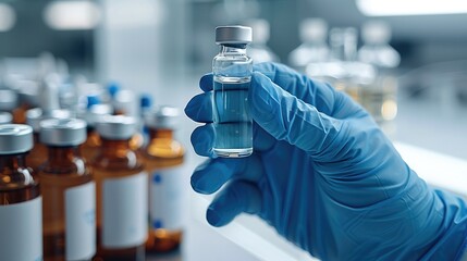 Poster - Close-up of a hand in blue medical gloves holding a glass vial with liquid, with a set of bottles on a table against a light background, emphasizing a medical and science. Generative AI.