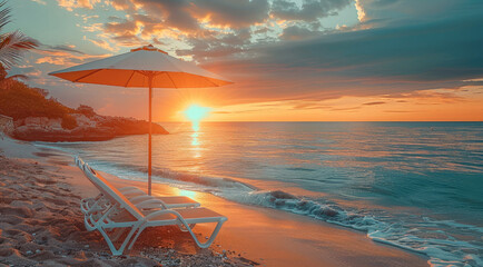 Poster - Beach chairs and umbrella on the sandy beach at sunset with beautiful sea view. Generative AI.