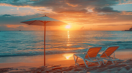 Poster - Beach chairs and umbrella on the sandy beach at sunset with beautiful sea view. Generative AI.