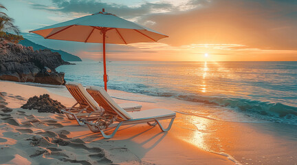 Poster - Beach chairs and umbrella on the sandy beach at sunset with beautiful sea view. Generative AI.