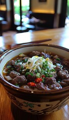 Wall Mural - A delicious bowl of soup that contains meat and noodles is on a table