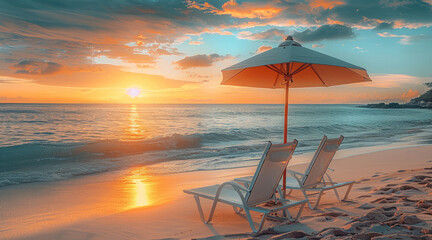 Poster - Beach chairs and umbrella on the sandy beach at sunset with beautiful sea view. Generative AI.