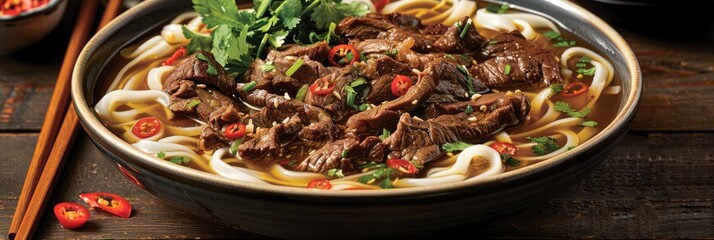 Wall Mural - Beef noodle soup with fresh herbs and vegetables in a white bowl, resting on a wooden table