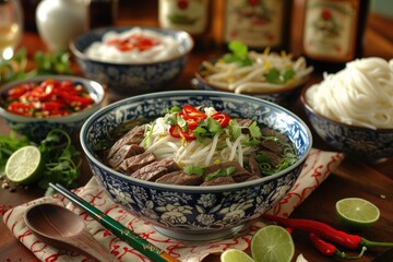 Wall Mural - Delicious steaming bowl of braised meat with noodles and vegetables served in a rustic black pot