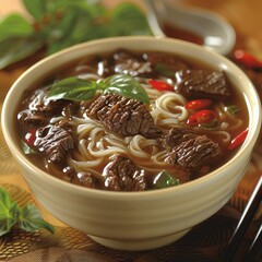 Wall Mural - Beef noodle soup with fresh herbs and vegetables in a white bowl, resting on a wooden table