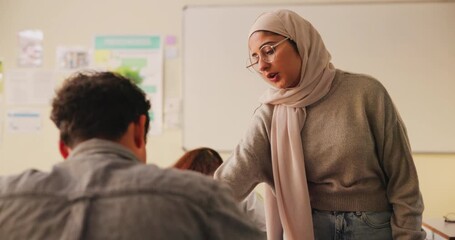 Poster - Evaluation, high school and teacher with students in class helping for scholarship entrance exam. Education, writing and educator talking to learner for answer with college admission test application