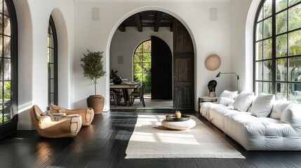 A modern living room with black wood floors, white walls and a dark arched wooden door in the background. A sofa, armchair and coffee table on one side with an open dining room. Generative AI.