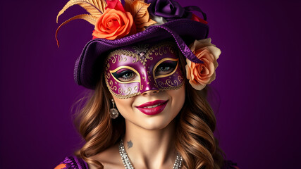 Wall Mural - Beautiful woman wearing carnival mask on purple background. Space for text. Generative AI