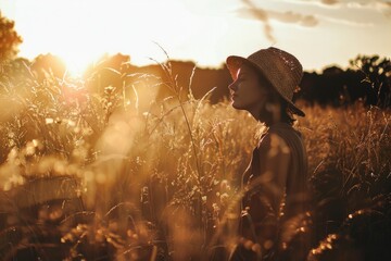 Poster - A woman stands alone in a field of tall grass