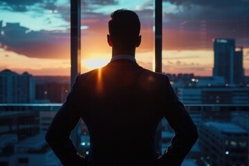 Poster - A person looks out at the cityscape through a window, possibly contemplating life or planning an adventure