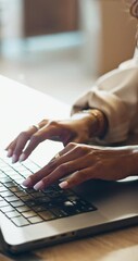 Aufkleber - Hands, typing and laptop closeup with working and planning in a home office with a business woman. Internet, web research and entrepreneur with project for digital company with tech and computer