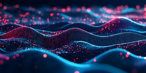 abstract dark blue wavy background with many orange dots. neon colors