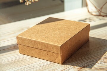 Poster - A brown box sits on a wooden table