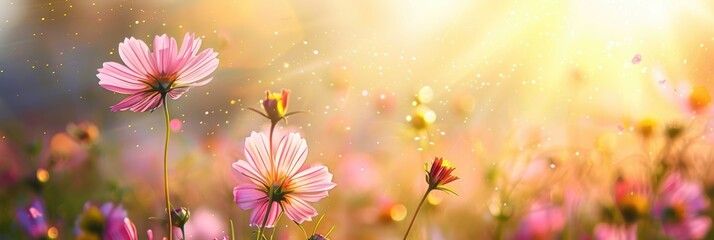 Wall Mural - Delicate cosmos flowers illuminated by soft morning light with an amber sky and a gentle breeze in the background.