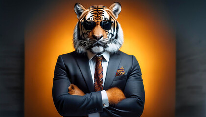 A stylish tiger wearing sunglasses and a sharp black business suit, crossing his arms confidently