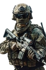 Poster - A person in camouflage attire holds a rifle and wears goggles, suitable for outdoor or military-themed uses