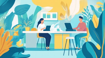 abstract illustration of two people working on laptops surrounded by large tropical plants