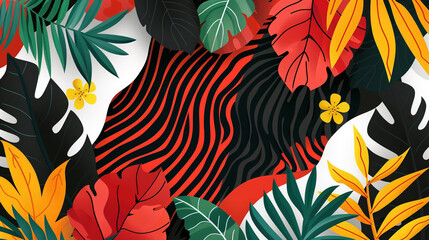 Wall Mural - A graphic illustration design for background, wallpaper, or cover with bold colors and shapes of a jungle theme.