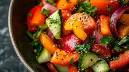 A freshly prepared salad in a bowl, featuring colorful vegetables, herbs, and spices, emphasizing a nutritious and flavorful approach to healthy eating and fresh ingredients.