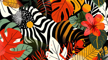 Wall Mural - A graphic illustration design for background, wallpaper, or cover with bold colors and shapes of a jungle theme.