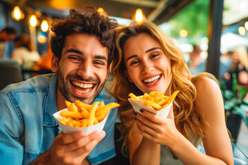 Cheerful male and female friends having french fries