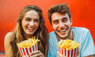 Cheerful male and female friends having french fries