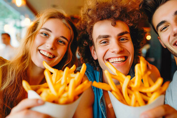 Cheerful male and female friends having french fries