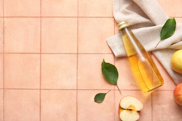 Wall Mural - Composition with fruits, napkin and bottle of fresh apple cider on pink tile background