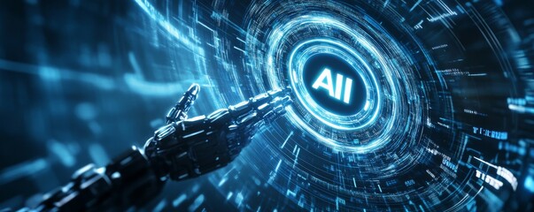 Poster - Futuristic robotic hand interacting with AI interface in digital space