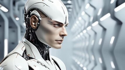 Poster - Robot and human face. Concept of artificial intelligence and cybersecurity