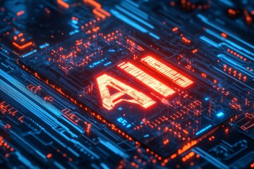 Poster - Futuristic AI logo on digital circuit board with blue and red glowing lights
