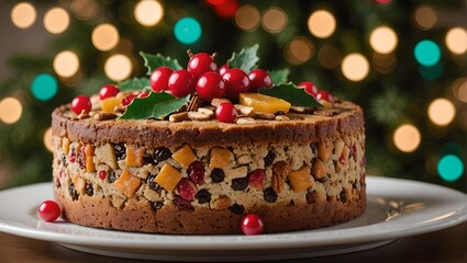 Sticker - fruitcake on a plate with a christmas tree in the background