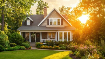 Poster - A house with a front porch and lawn in the sun, AI