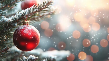 A close up of a christmas tree with red ornaments hanging from it, AI