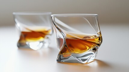 Two Twisted Glasses Filled With Amber Liquid