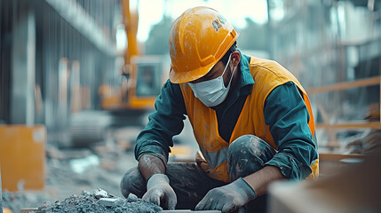 Sticker - Laborer with protective mask, engaging in construction activities.