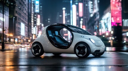 White Electric Car Driving on Wet Asphalt Street at Night