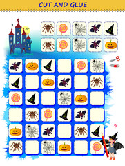 Wall Mural - Use a scissors to cut and glue the Halloween items in order. Logic Sudoku puzzle game. Educational page for children. Printable template for kids. Cutting and handwork skills. Vector image.