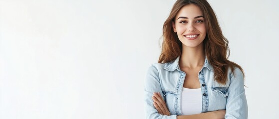 Poster - Portrait of a Smiling Woman in a Denim Jacket