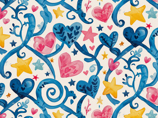 Wall Mural - A colorful painting of hearts and stars. The painting is full of bright colors and has a whimsical, playful feel to it. The stars and hearts are scattered throughout the painting