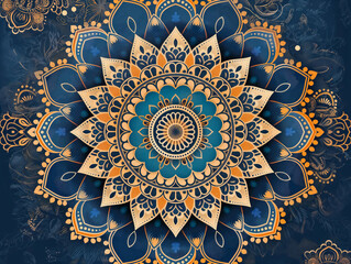 Wall Mural - A blue and gold flowery design with a yellow center. The design is very intricate and detailed