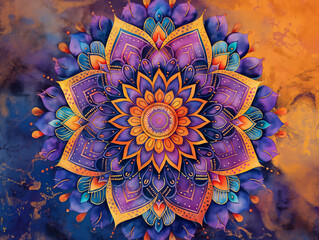 Wall Mural - A colorful flower with a purple center and orange petals. The flower is surrounded by a gold frame