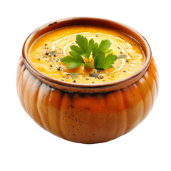 Wall Mural - Pumpkin Soup with Parsley and Pepper in a Brown Bowl