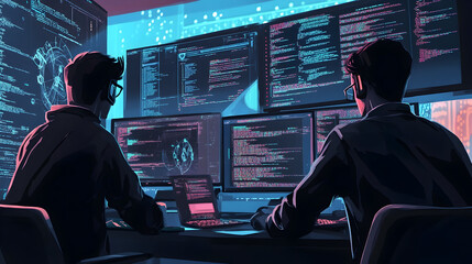 Software development and coding - An illustration depicting developers engaged in writing and debugging code, with various lines of code and algorithms showcased across multiple screens.