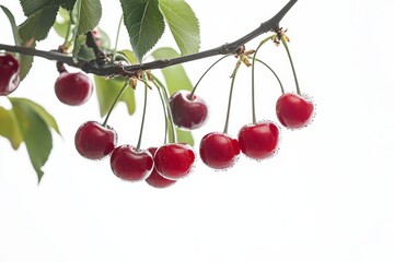 Wall Mural - Mystic photo of Sweetheart Cherry on the vine, isolated on white background