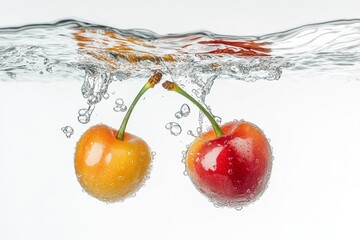 Rainier Cherry falling into the water with a splash on a white background