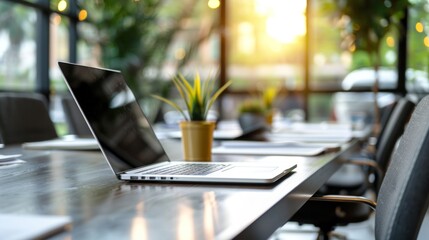 Wall Mural - Laptop on a Conference Table in a Modern Office