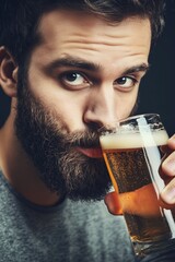 Wall Mural - Photorealistic cute man drinks beer in pub Generative AI