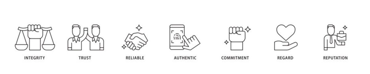 Poster - Credibility icon sett lineal illustration concept with icon of integrity, trust, reliable, authentic, commitment, regard, and reputation icon live stroke and easy to edit 