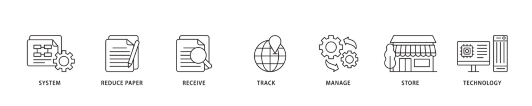 Document management icon sett lineal illustration concept with icon of system, reduce paper, receive, track, manage, store, cloud and technology icon live stroke and easy to edit 